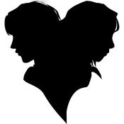 Silhouette of two people making a heart shape.